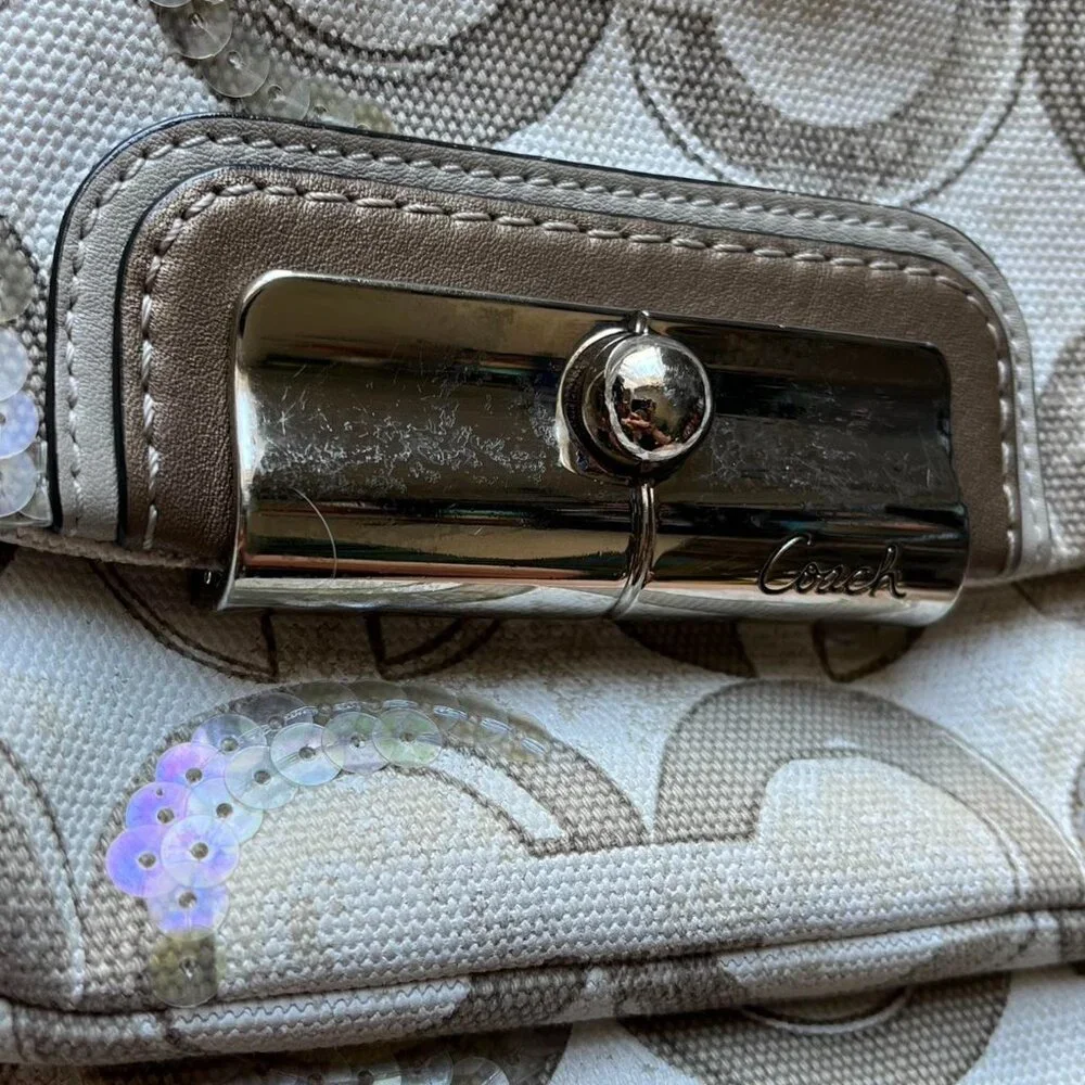 Vintage Coach Kristin Signature Canvas Khaki Cream Optic Art Sequin Hobo Bag - Picture 7 of 8